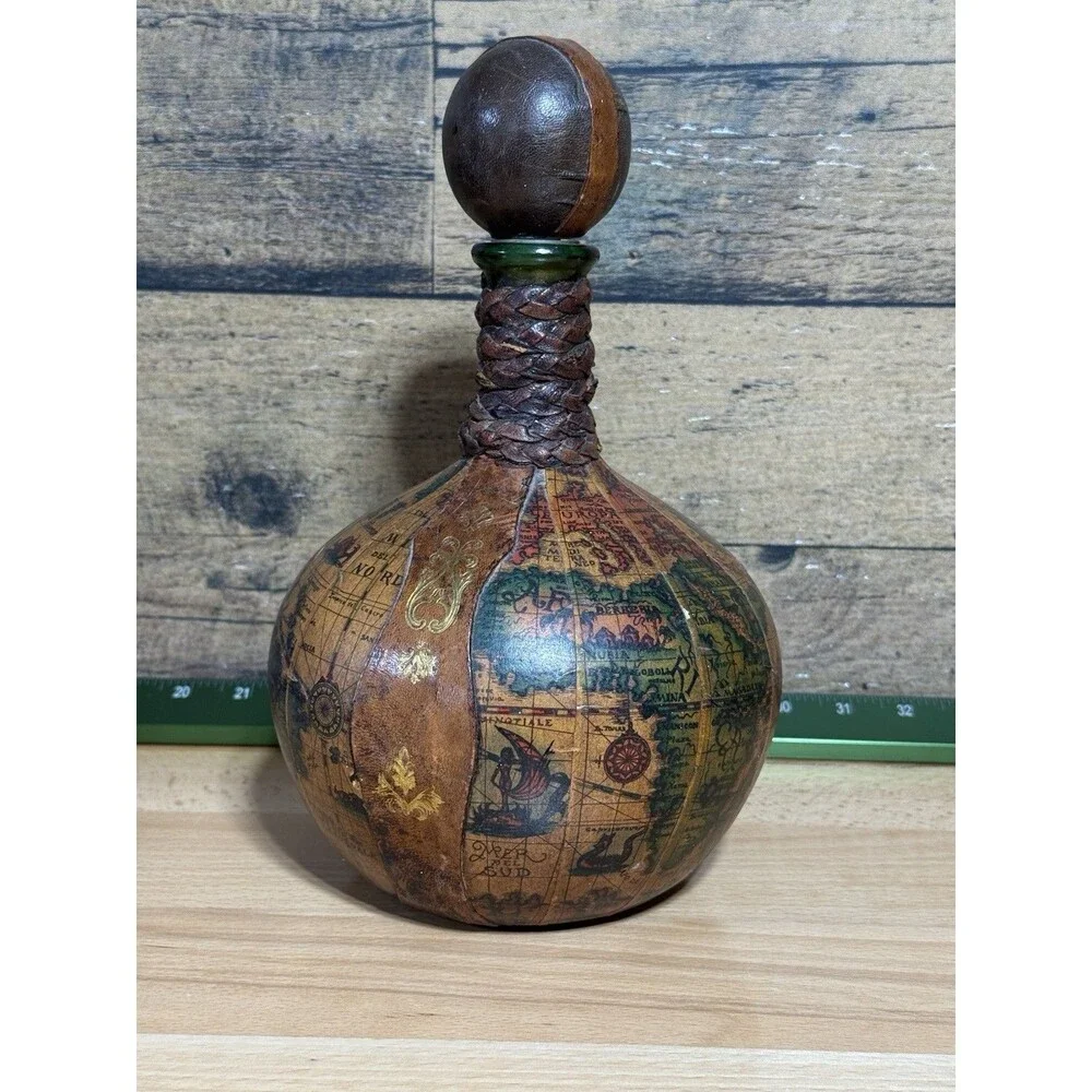 Vintage Italian Leather Wrapped Decanter Old World Map Globe Italy Dragon Ships